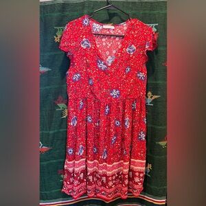 Kirundo Red Floral Boho Flutter Sleeve Dress Size L